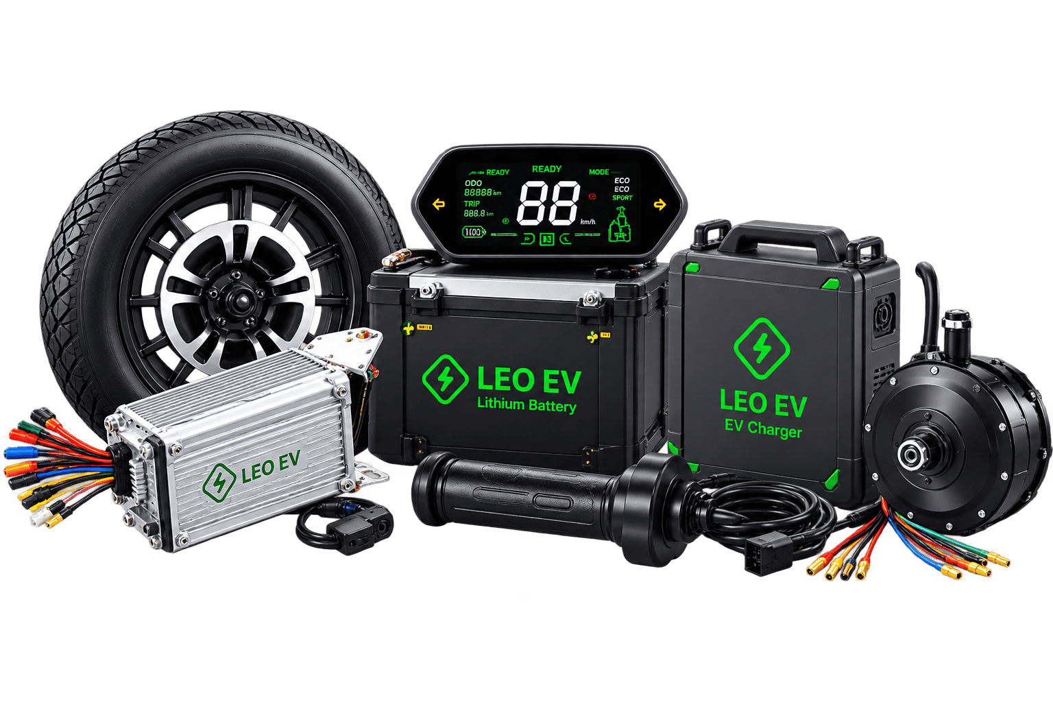 LEO EV electric vehicle spare parts including battery, charger, controller and motor